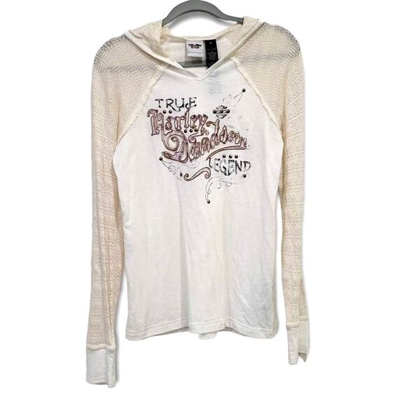 Harley Davidson Lace Sleeve Pullover Henley Long Sleeve Hooded Top Women Sz S - Picture 2 of 7